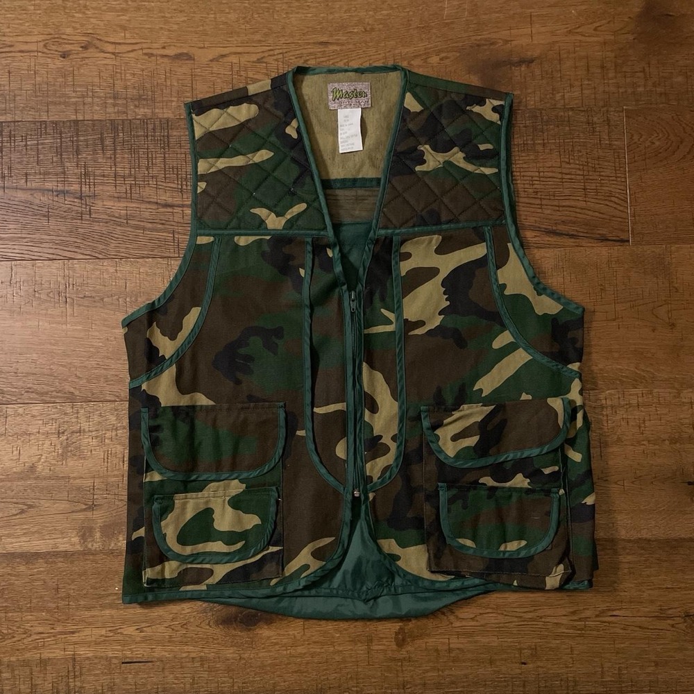 Master Sportsman Hunting Game Vest Mens L Green Woodland Camo Utility Vtg